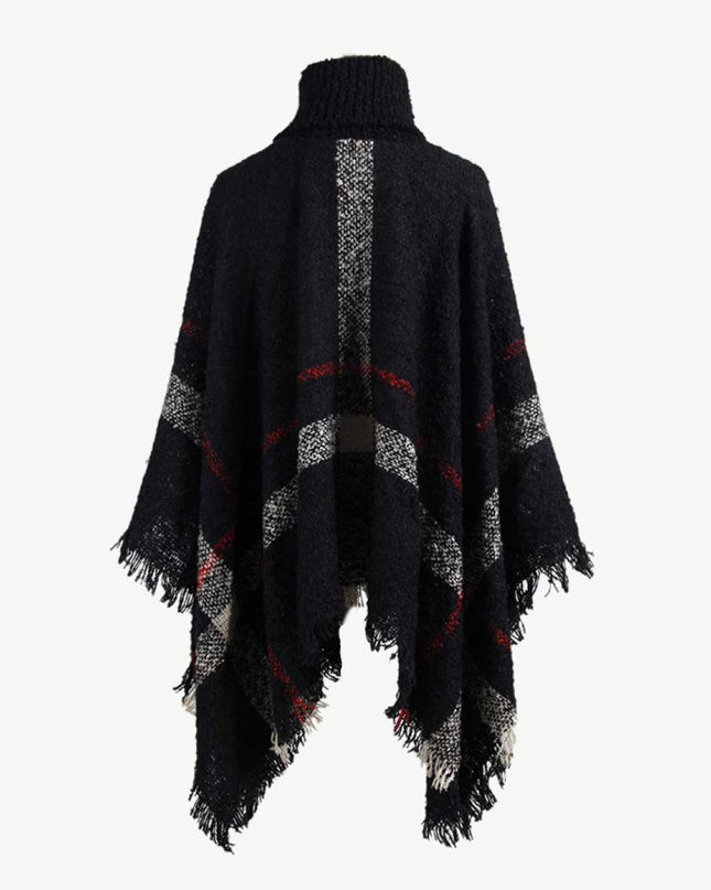 Plaid Turtleneck Raw Hem Poncho