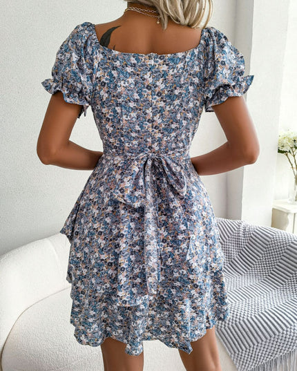 Floral Sweetheart Neck Flounce Sleeve Mini Dress