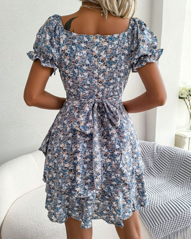 Floral Sweetheart Neck Flounce Sleeve Mini Dress