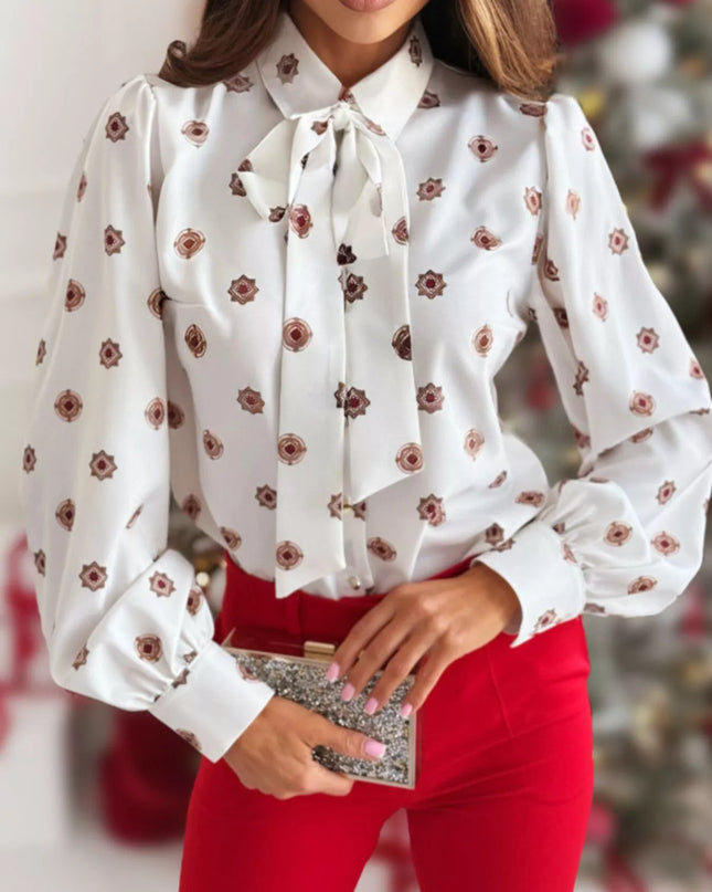 Tie Front Printed Long Sleeve Shirt White Flowers