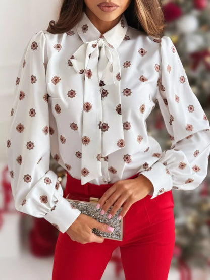 Tie Front Printed Long Sleeve Shirt White Flowers