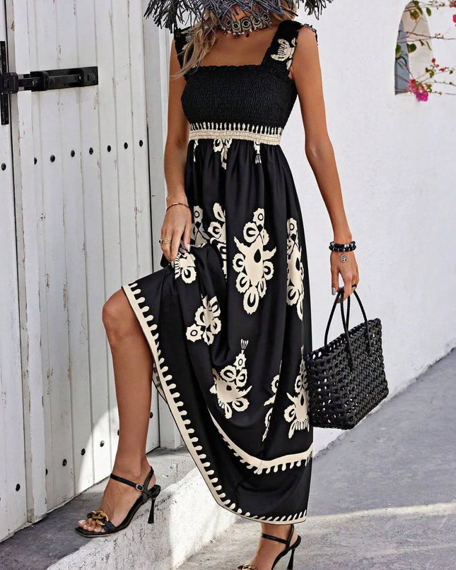 Smocked Printed Wide Strap Maxi Dress 