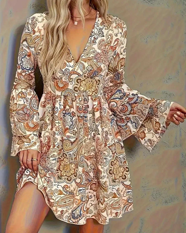 Paisley Print Bell Sleeve Mini Dress