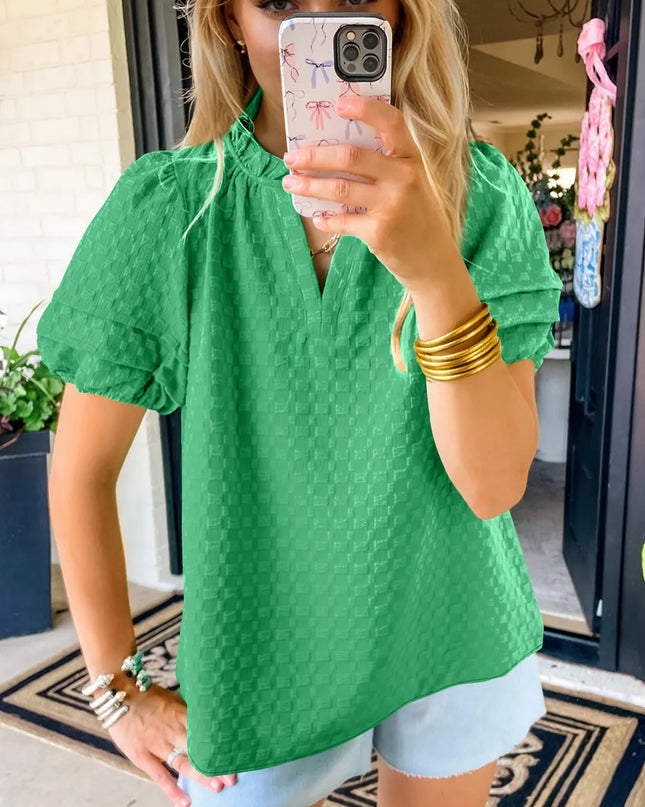 Oh Full Size Frill Notched Puff Sleeve Blouse