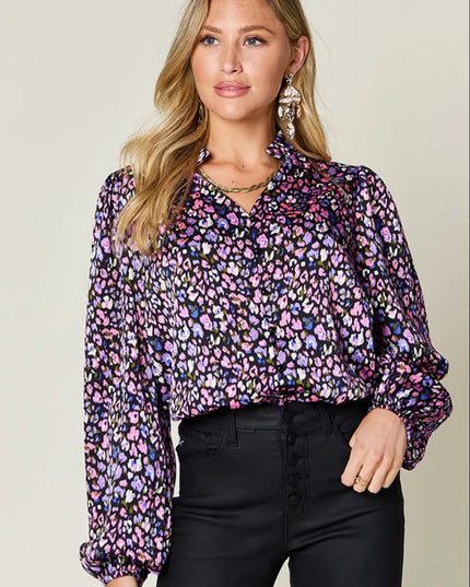Double Take Full Size Printed Balloon Sleeve Shirt Purple