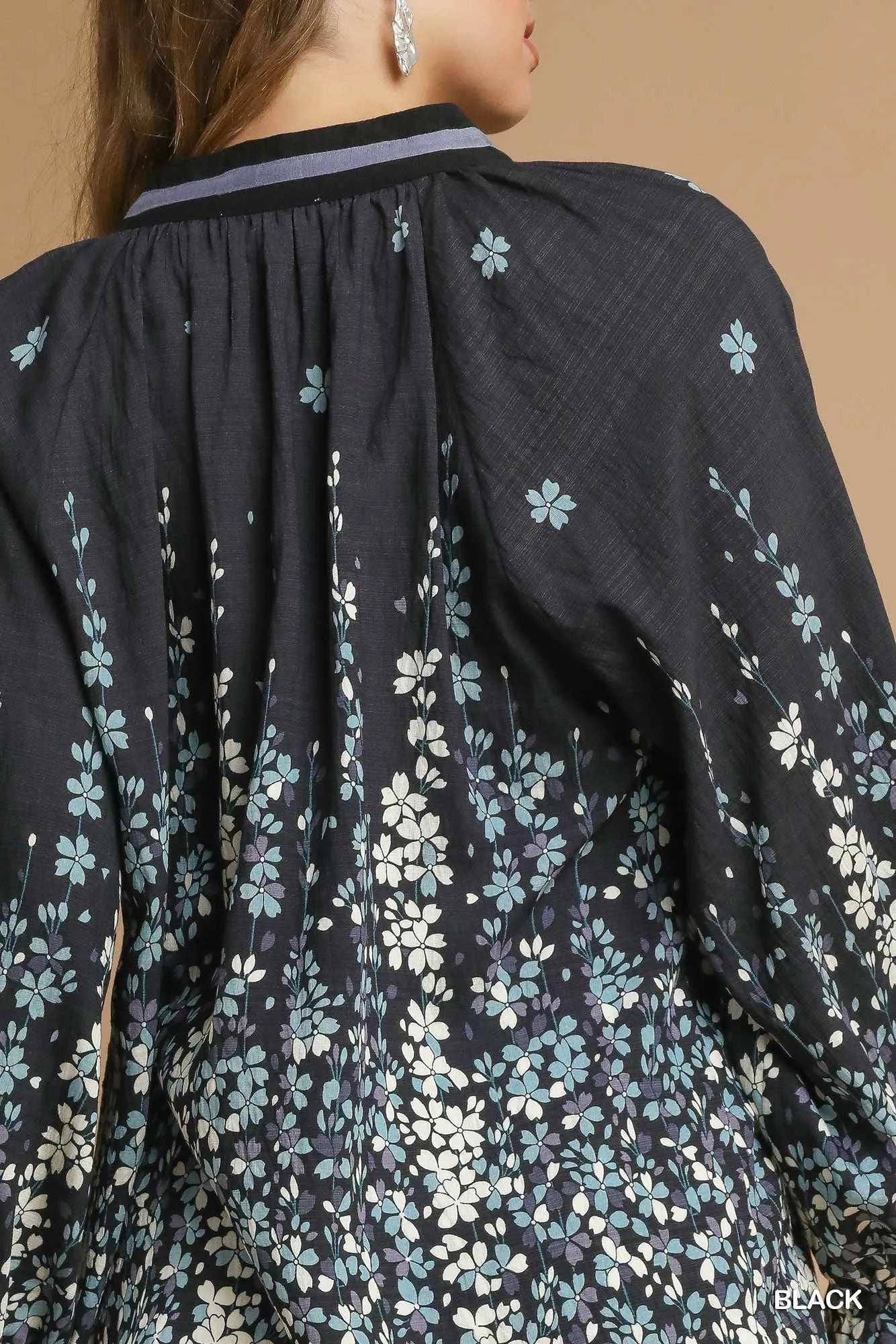 Umgee Full Size Floral Vine Print Blouse with Balloon Sleeves Plus Size