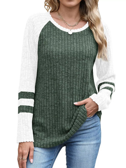 Ribbed Round Neck Raglan Sleeve Top