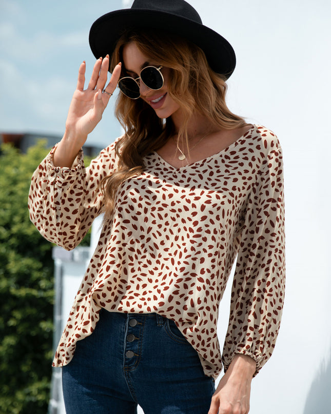 Printed V-Neck Balloon Sleeve Blouse