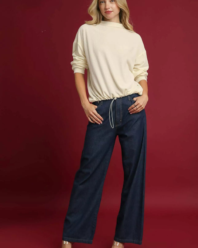 Umgee Ribbed Drawstring Hem Knit Top