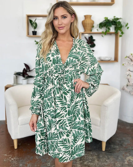 Double Take Full Size Printed Ruched Balloon Sleeve Dress