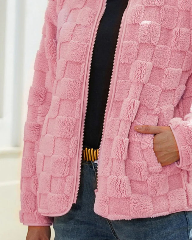 Fuzzy Checkered Zip Up Jacket