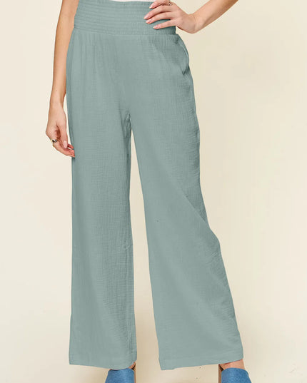 Double Take Full Size Texture Smocked Waist Wide Leg Pants Teal