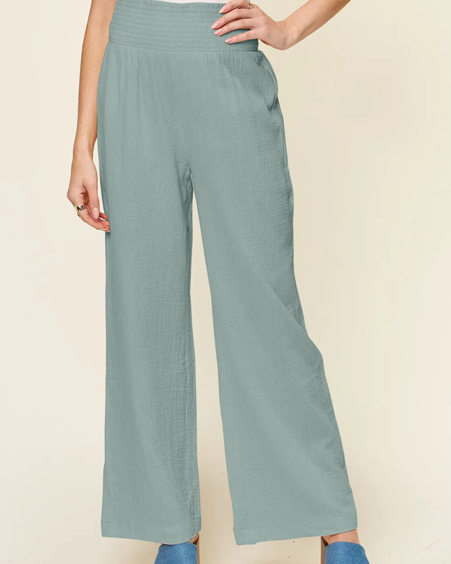 Double Take Full Size Texture Smocked Waist Wide Leg Pants Teal