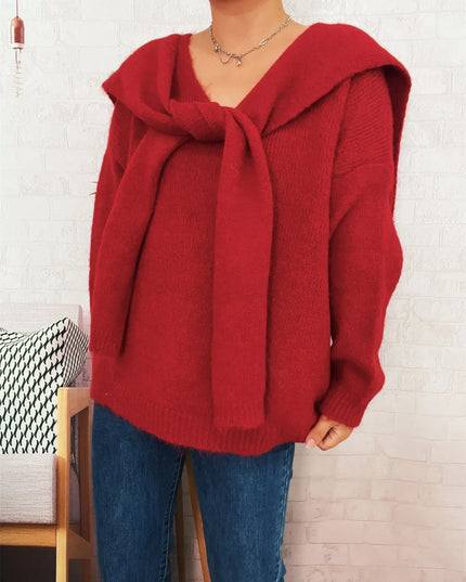 Ribbed Hem V-Neck Sweater with Shawl