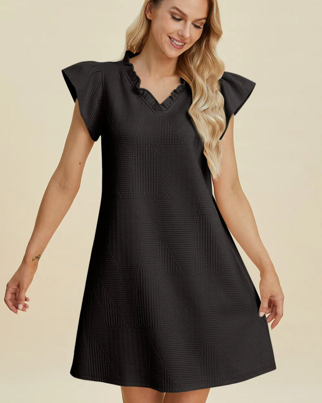 Double Take Full Size Ruffled V-Neck Cap Sleeve Dress