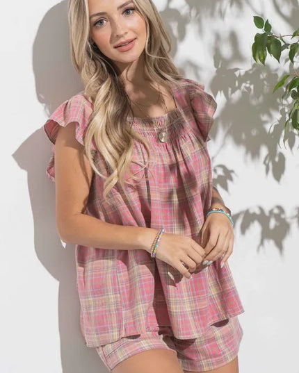 And The Why Plaid Print Smocked Detail Ruffle Baby Doll Top