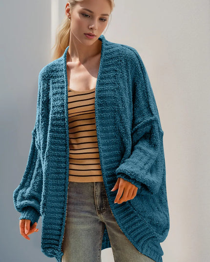Double Take Full Size Open Front Long Sleeve Cardigan Cerulean