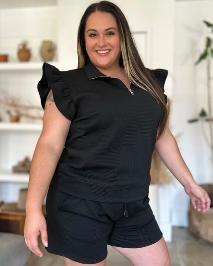Double Take Full Size Texture Flounce Sleeve Top and Shorts Set