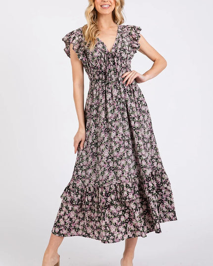 Mittoshop Flower Print Ruffle Cap Sleeve V-neck Midi Dress BLACK