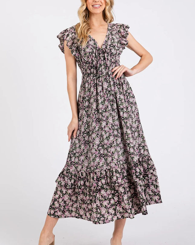 Mittoshop Flower Print Ruffle Cap Sleeve V-neck Midi Dress BLACK