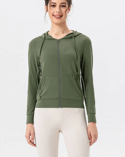 Drawstring Zip Up Hooded Active Outerwear Matcha Green