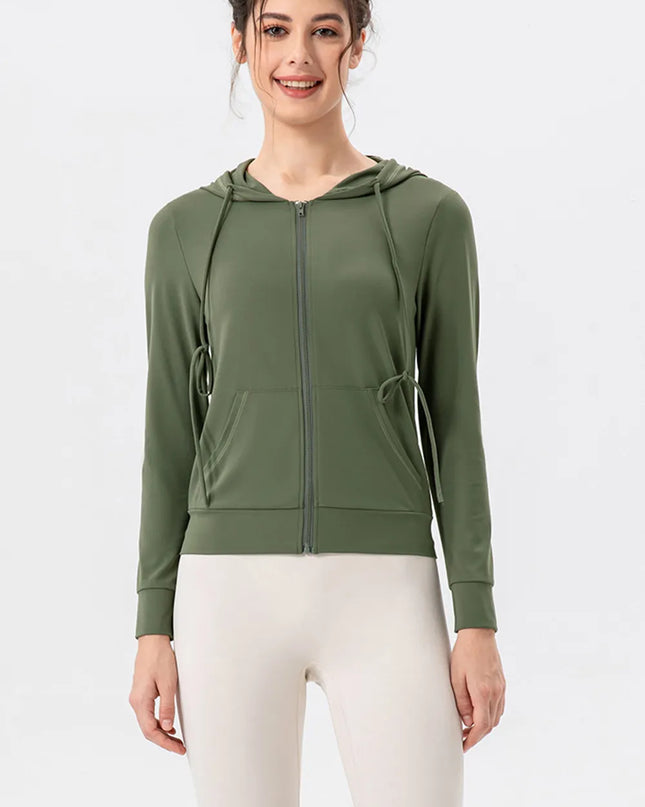 Drawstring Zip Up Hooded Active Outerwear Matcha Green