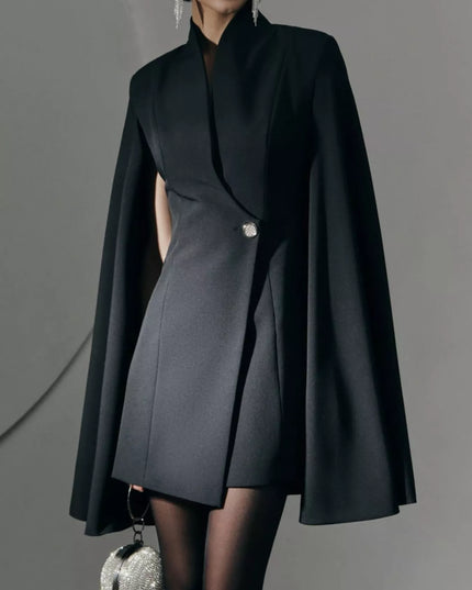 One Button Fitted Mini Blazer Dress with Cape Sleeves Black