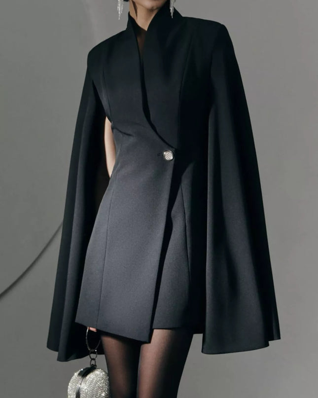 One Button Fitted Mini Blazer Dress with Cape Sleeves Black