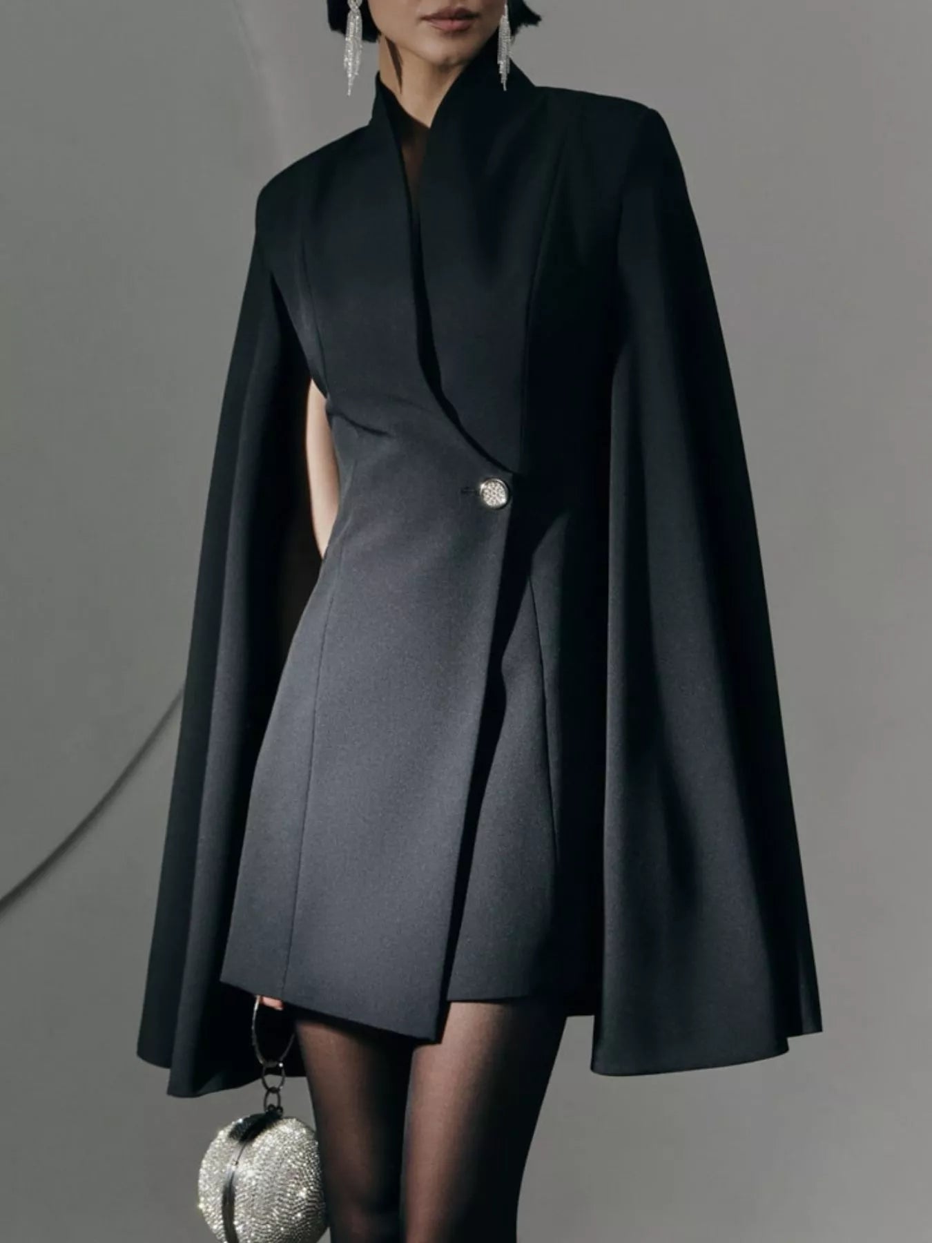 One Button Fitted Mini Blazer Dress with Cape Sleeves Black