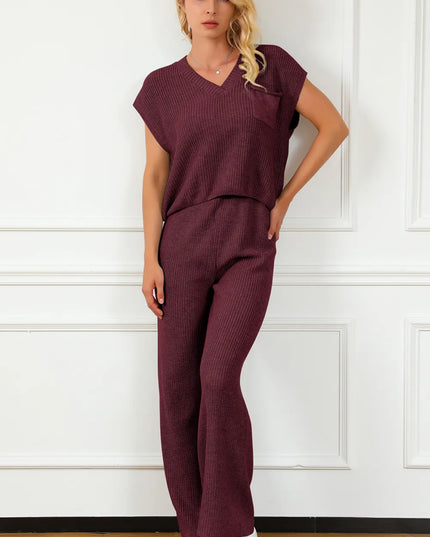 Pocketed V-Neck Top and Wide Leg Sweater Set
