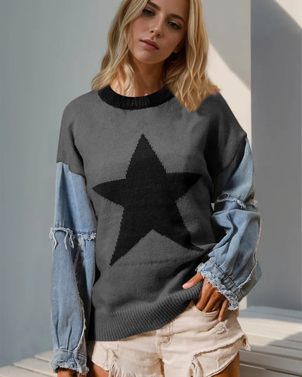 Double Take Full Size Star Pattern Raw Edge Long Sleeve Sweater Dark Gray