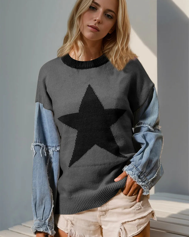 Double Take Full Size Star Pattern Raw Edge Long Sleeve Sweater Dark Gray