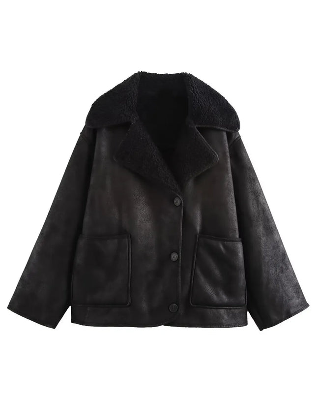 Collared Neck Long Sleeve Plush Jacket