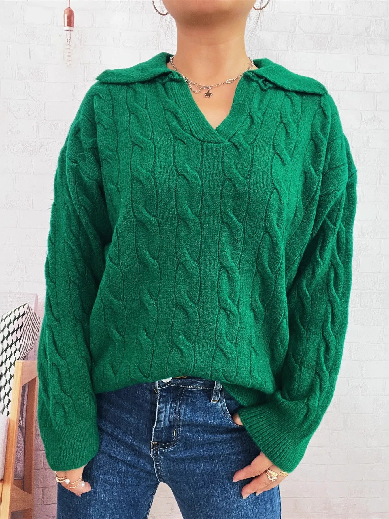 Cable Knit Johnny Collar Sweater