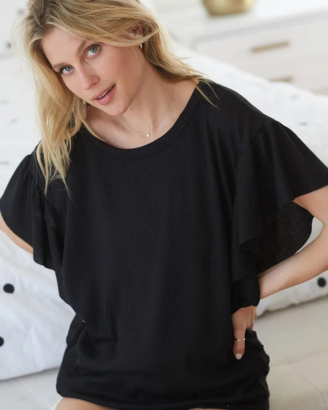 BiBi Thermal Knit with Ruffled Sleeve Top