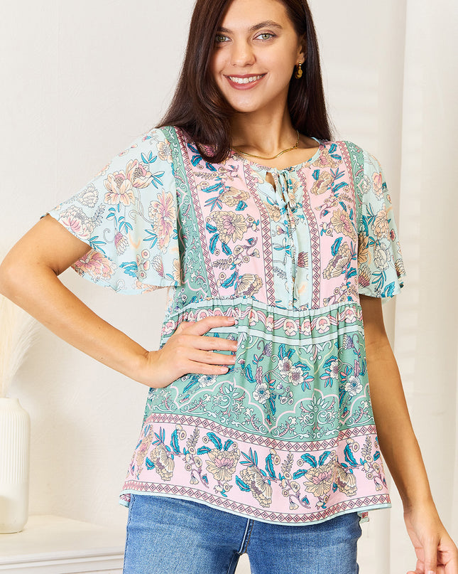 Perfee Floral Tie Neck Short Sleeve Blouse