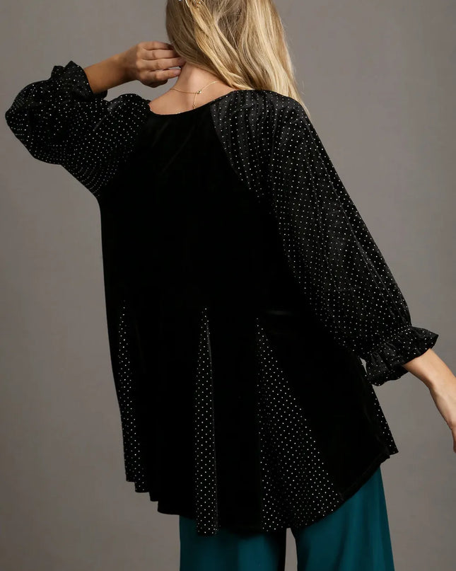 Umgee Godet Hem Polka Dot V-Neck Blouse 