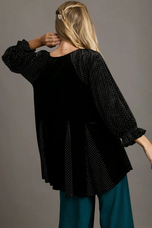 Umgee Godet Hem Polka Dot V-Neck Blouse 