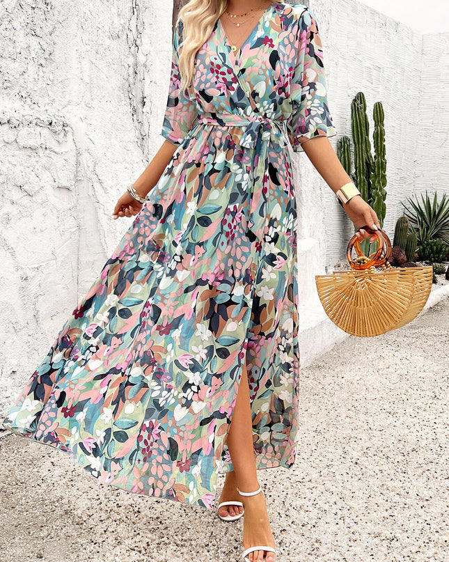 Slit Printed Surplice Half Sleeve Maxi Dress