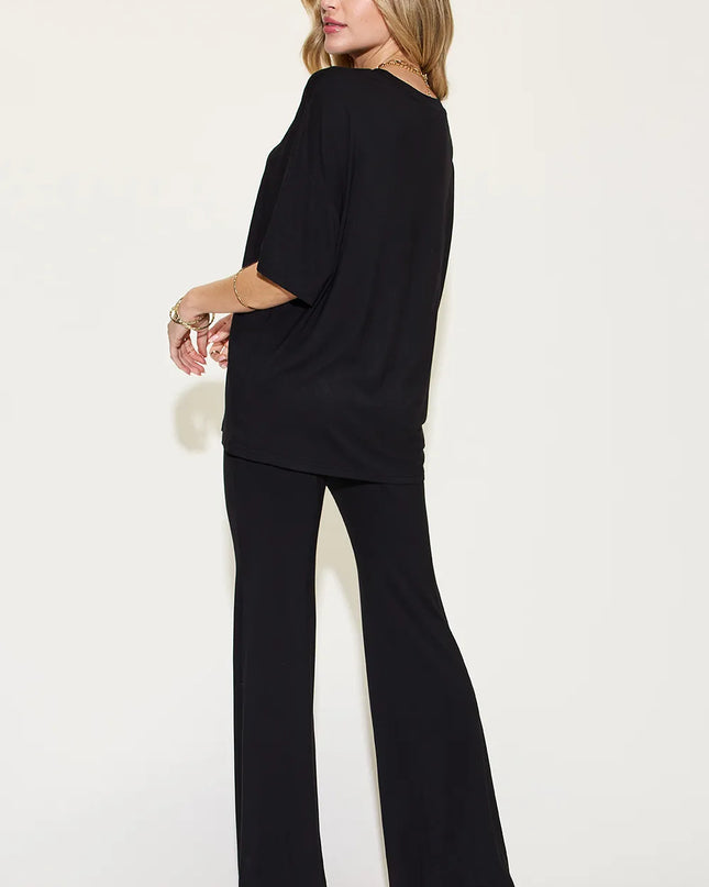 Basic Bae Full Size Bamboo Drop Shoulder T-Shirt and Flare Pants Set