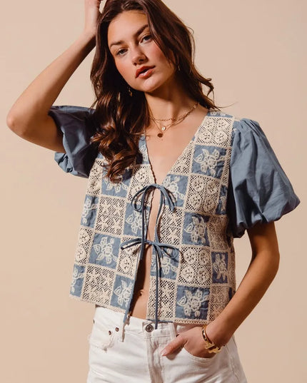 SO ME Crochet Lace Tie Front V Neck Blouse Top