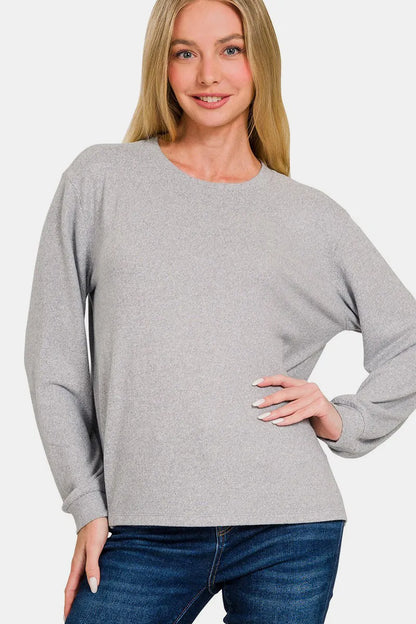 Zenana Hacci Round Neck Long Sleeve T-Shirt Light Gray