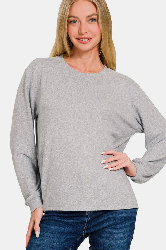 Zenana Hacci Round Neck Long Sleeve T-Shirt Light Gray