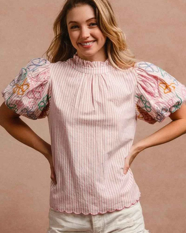 BiBi Embroidery Bubble Sleeve Top With Bottom Scallop Detail