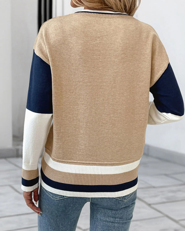 Color Block Round Neck Sweater with Ribbed Trim