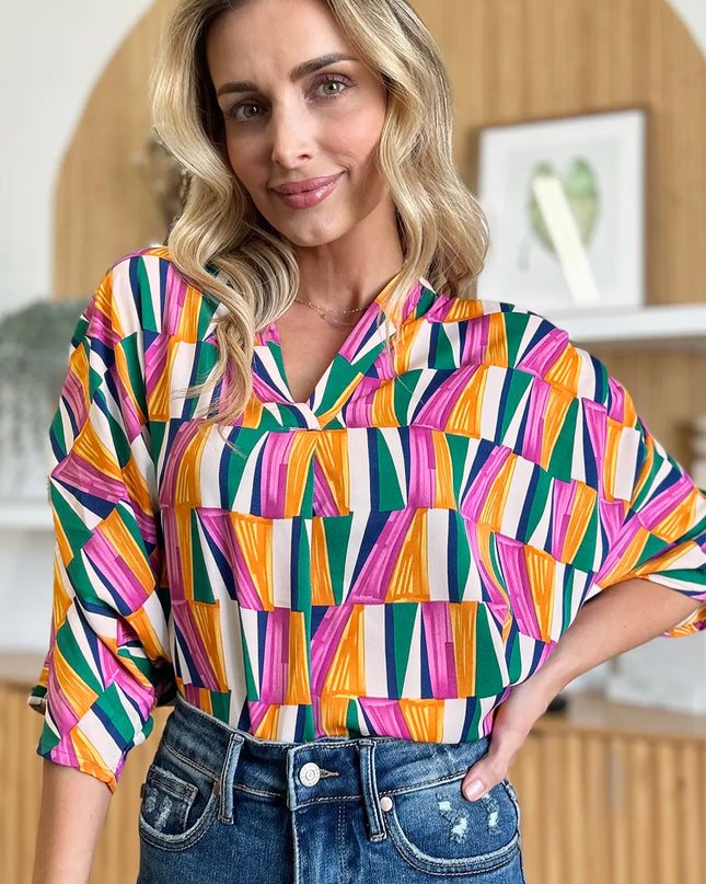 Double Take Full Size Geometric Notched Dolman Sleeve Top