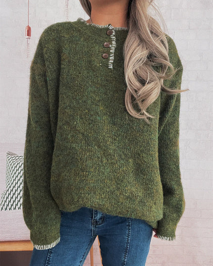 Ribbed Button Detail Long Sleeve Sweater