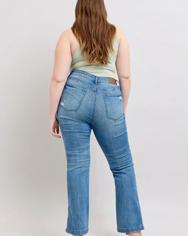 Judy Blue HW Tummy Control Vintage Wash Side Slit Slim Boot Jeans
