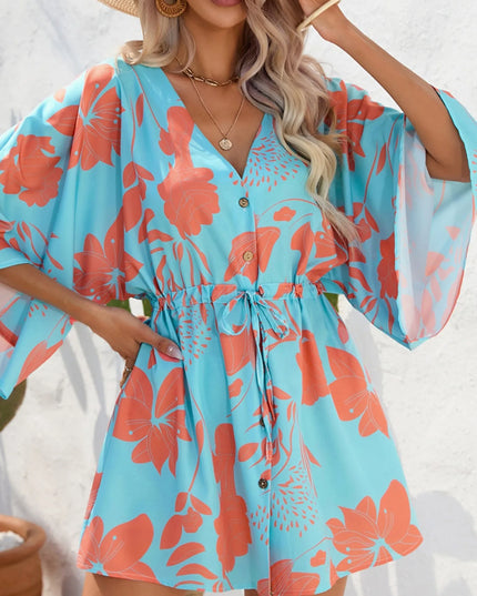 Color Block Drawstring Waist Button Up Dress