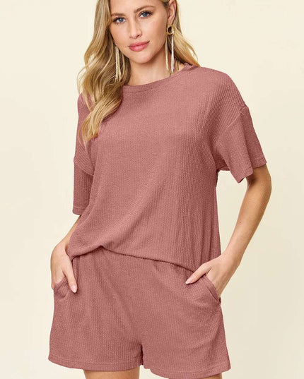Double Take Full Size Round Neck Short Sleeve T-Shirt and Shorts Set Light Mauve